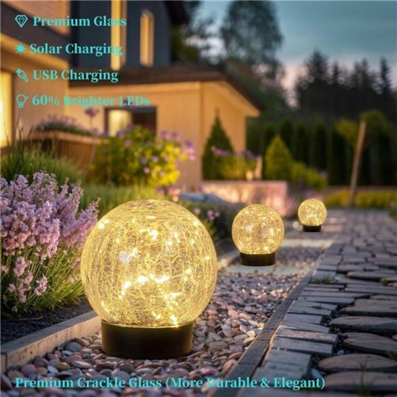 Solar Globe Lights Outdoor Large Garden Decor USB Charged 4.72" Diameter - Picture 4 of 7